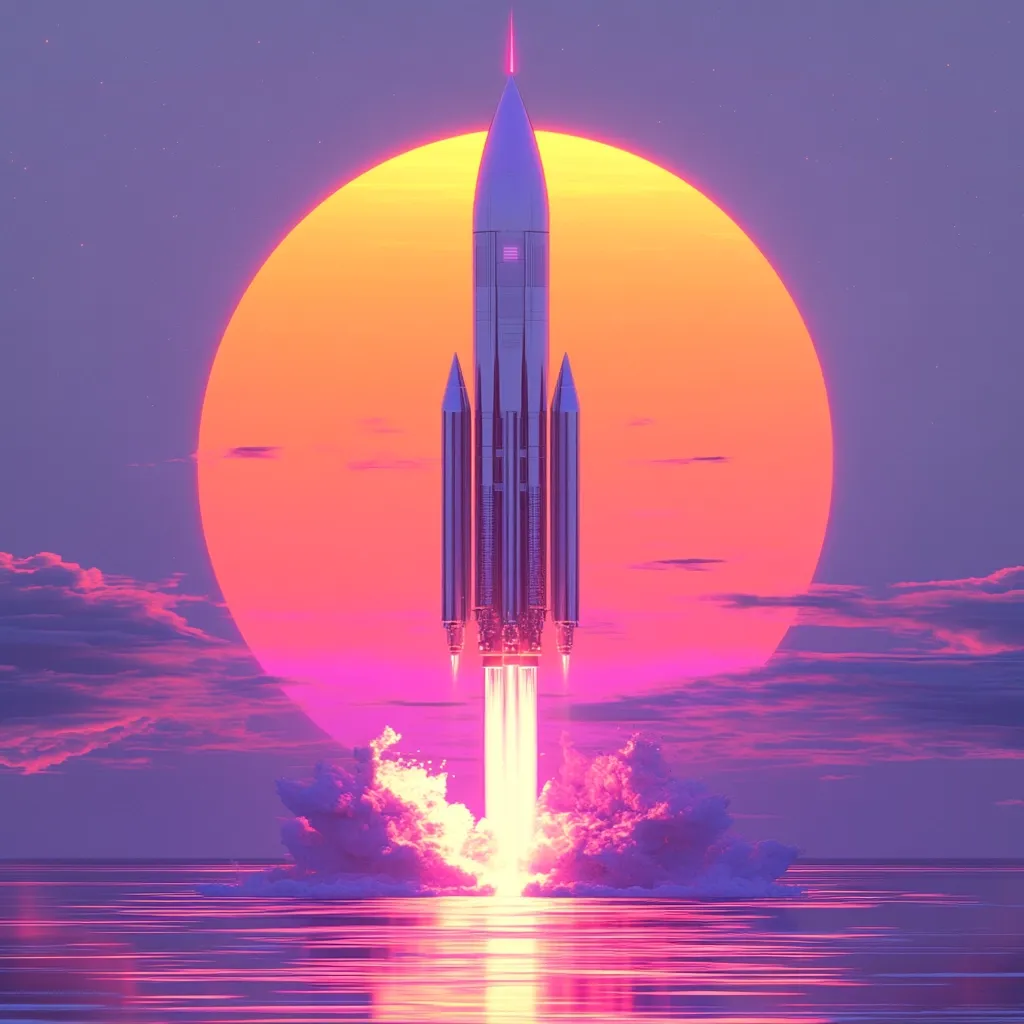 A sleek, silver rocket ascends through the sky, its fiery exhaust trail creating a vibrant pink and orange cloud. The rocket is silhouetted against a large, glowing orange sun, which hangs in the sky above a calm body of water. The sky is a gradient of deep purple and pink, creating a surreal and awe-inspiring scene. The image is a reminder of the power of human ingenuity and our ambition to explore the cosmos.
