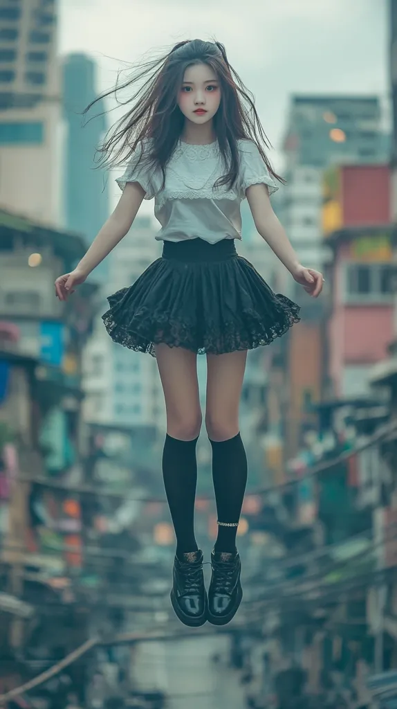 A young woman with long black hair is wearing a white shirt, a black skirt with lace trim, and black tights. She is standing in an urban environment, with buildings and wires visible in the background. She is looking at the camera with a neutral expression. Her shoes are black sneakers. The image is taken from a low angle, giving the impression that she is floating. The overall tone of the image is slightly melancholic and mysterious.