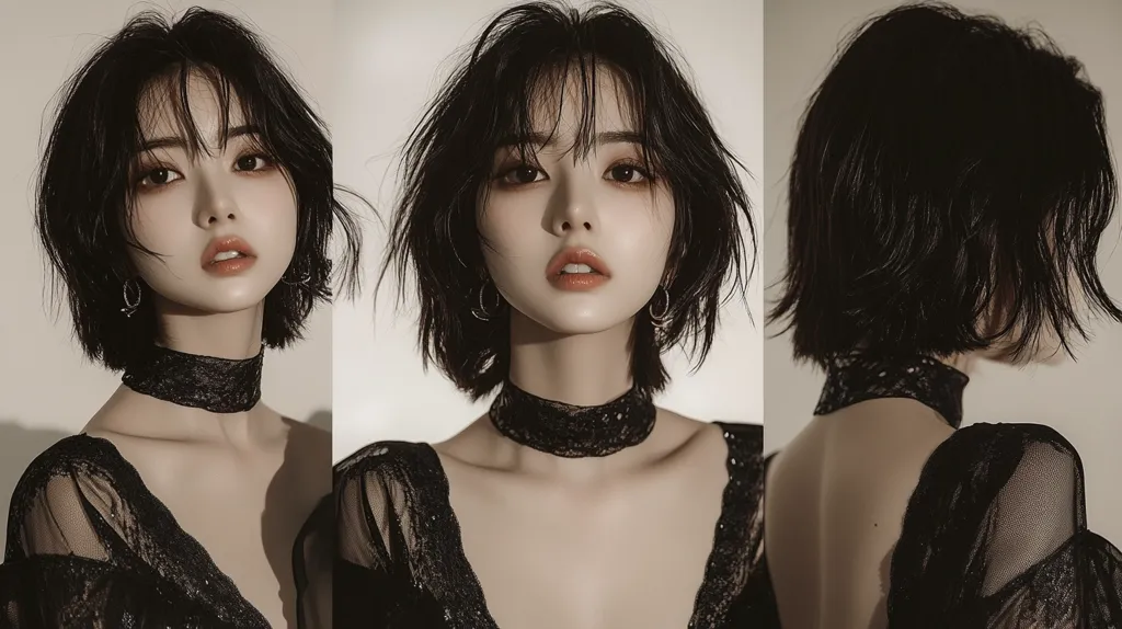The image shows a young woman with short black hair and bangs. She is wearing a black lace dress and a black lace choker. The image is split into three parts, each showing a different angle of the woman's face and body. The background is a soft, neutral color. The woman's expression is soft and mysterious.