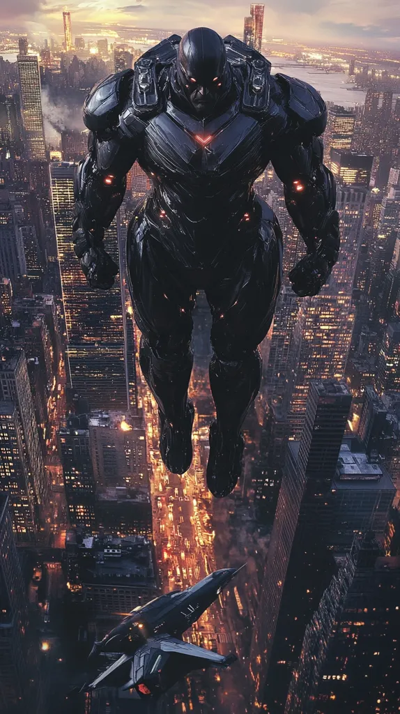 A black, armored figure with a glowing red chest plate descends towards a city, a sleek, black spacecraft trailing behind it. The city is illuminated with yellow and orange lights, creating a stark contrast against the darkened sky. The figure's imposing stance and the futuristic design of the aircraft suggest an epic battle or a mission of great importance. The scene is filled with a sense of power and anticipation, leaving viewers to wonder about the story unfolding above the city.