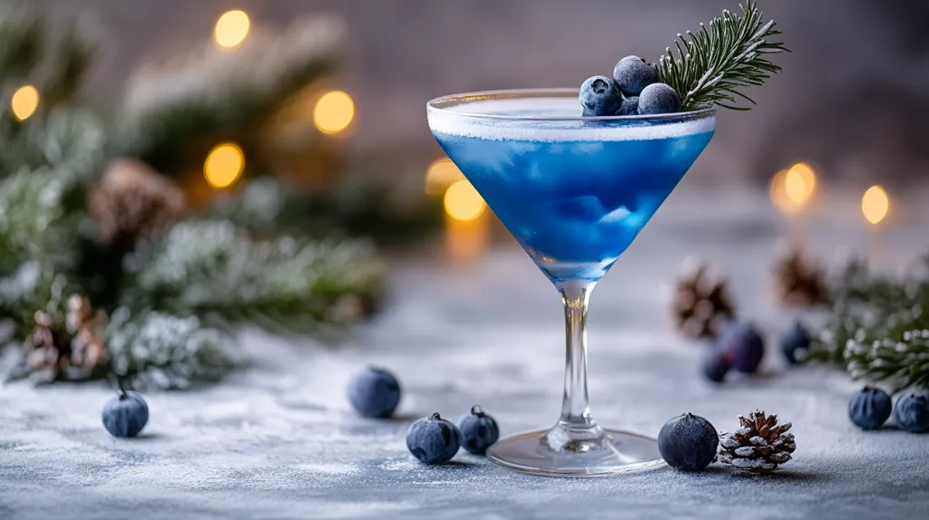 A blue cocktail garnished with blueberries and a sprig of pine sits on a snowy surface. The cocktail is in a martini glass and the background is blurred with pine branches, pinecones and out-of-focus lights. The scene is festive and wintery.