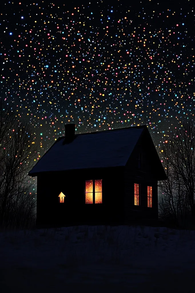 A small, dark cabin with lit windows stands alone in a snowy field, silhouetted against a vast night sky filled with twinkling stars of various colors. The scene evokes a sense of peace and tranquility, suggesting a cozy retreat from the world. The starry sky creates a sense of wonder and possibility, hinting at the mysteries that lie beyond our earthly realm.