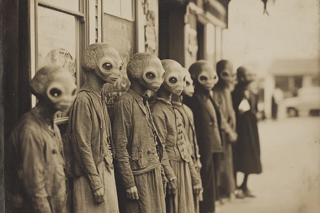 A black and white photograph shows a line of people wearing alien-like masks standing in front of a building. They are dressed in old-fashioned clothing, with a blurred background of a street scene.  The photo has a vintage, eerie quality, and suggests a time of fascination with the unknown.