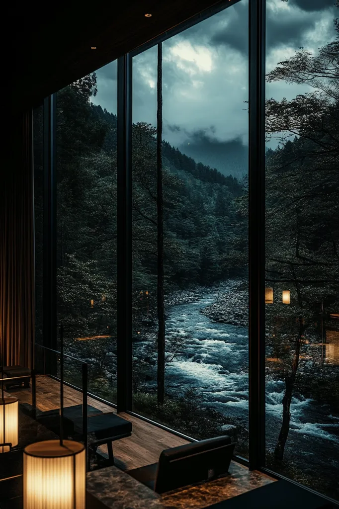 The image shows a modern interior space with large windows overlooking a river flowing through a forest. The view is framed by sleek black window frames, and the interior features a wooden floor, black leather seating, and dim lighting. The overall atmosphere is calm and serene, offering a tranquil escape from the outside world.