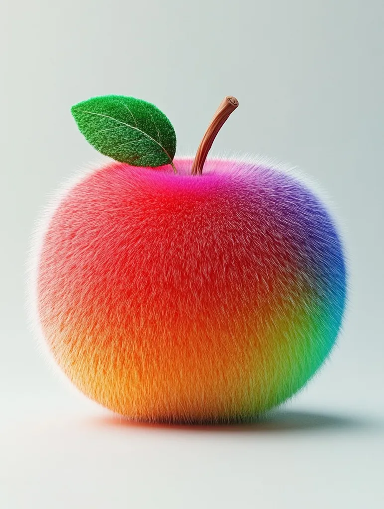 A fluffy, rainbow-colored apple with a green leaf on top sits on a white surface. The apple is made of soft, fuzzy material, with colors ranging from red to orange, yellow, green, and blue. The light reflects off the apple, highlighting its soft texture and vibrant colors. The image creates a whimsical and playful mood.
