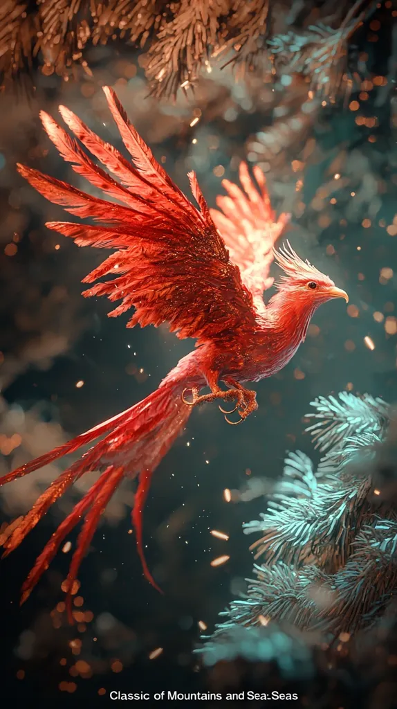 A fiery red phoenix with sparkling feathers soars through the air. Its wings are spread wide, and its talons are extended. The phoenix is flying towards a blue-green tree branch,  and the background is a blur of gold and white.  The image is a  fantasy illustration, with a mystical and magical feel.