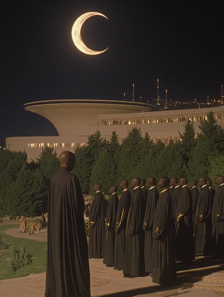 A crescent moon hangs in the night sky above a large, modern building with a curved roof. A line of men in black robes with golden trim stand in formation in front of the building, facing a man in a similar black robe, who stands alone. The scene is mysterious and suggests a ritualistic gathering.