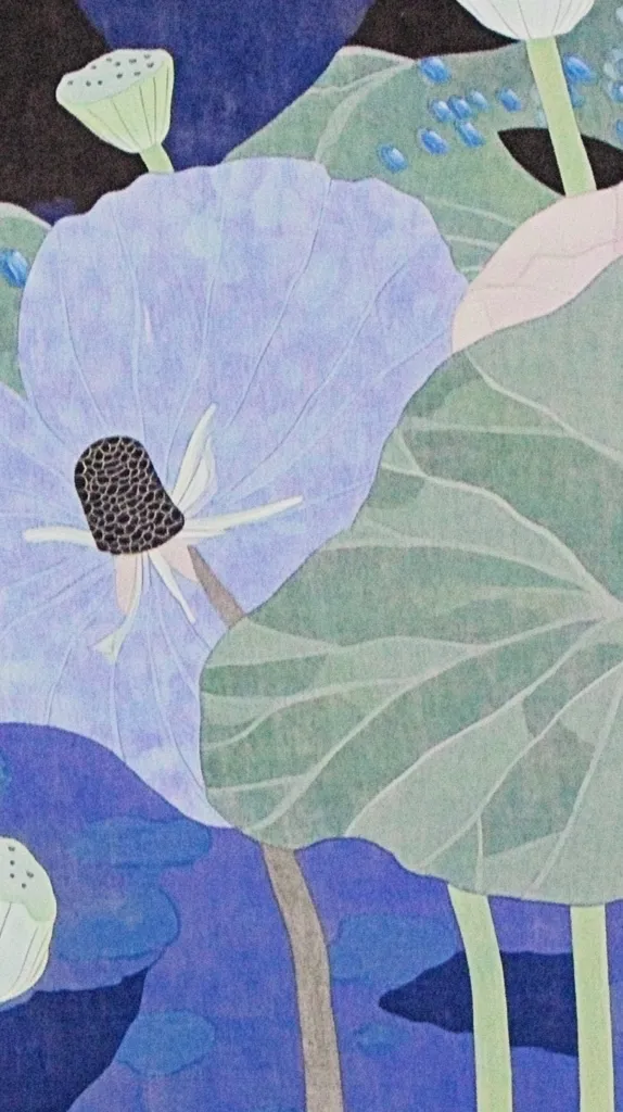 The image is a close-up of a water lily with a large, light blue flower, a green stem, and a black seed pod. It appears to be a watercolor painting, with soft, delicate brushstrokes. The background is a blurred purple and blue, suggesting water. The overall mood of the painting is serene and tranquil.
