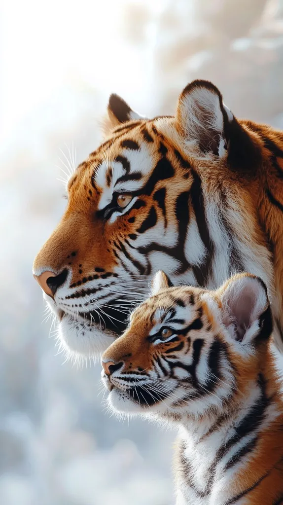 A close-up of a mother tiger and her cub, both looking to the right. The mother tiger is in the foreground, her stripes and facial features clearly visible. The cub is nestled next to her, its smaller size and rounder face emphasizing its youthfulness. The soft lighting creates a warm and gentle atmosphere.