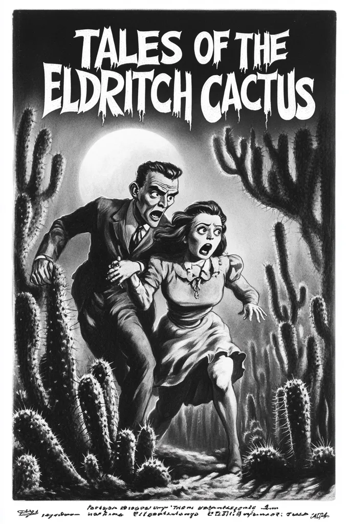 A black and white illustration of a man and woman running through a field of cacti under a full moon. The man is wearing a suit and the woman is wearing a dress. They are both looking terrified. The title "Tales of the Eldritch Cactus" is written at the top of the image. The artwork has a vintage, horror comic book style.  It evokes a sense of danger and suspense.  The image appears to be a cover for a horror comic book or pulp magazine.