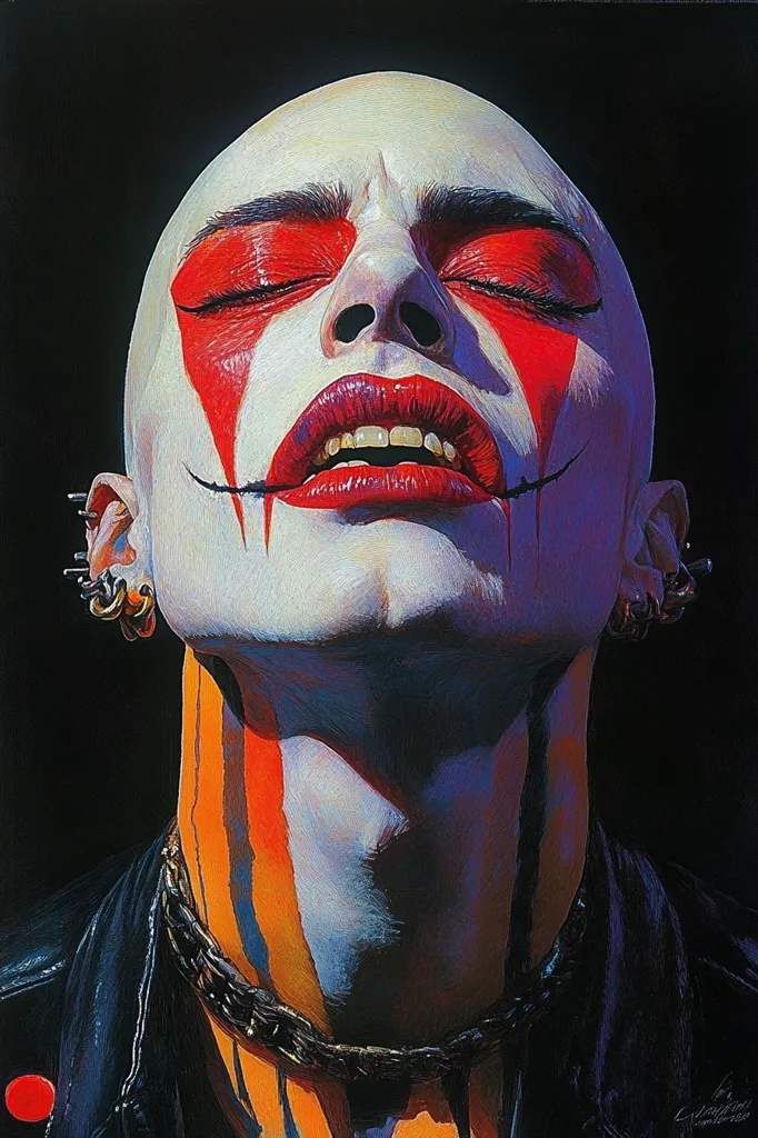 The image is a close-up portrait of a person with shaved head, wearing a black leather jacket. The person is looking up with their mouth open and eyes closed. Their face is painted with white, red, and orange stripes. The painting style is realistic and uses bright colors to depict the subject's emotions. The person is likely experiencing a moment of intense feeling.  The image is stylized and dramatic, with a sense of theatricality.  The dark background enhances the contrast and emphasizes the person's face and expression.  The artwork conveys a strong emotional impact.