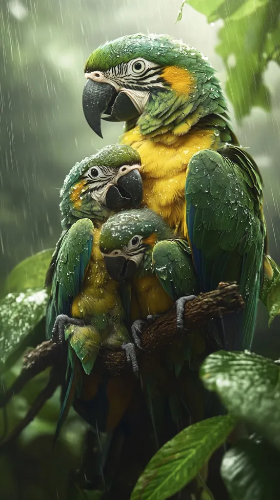 Three green and yellow parrots, a mother and her two chicks, are huddled together on a branch in the rain. The mother parrot has her wings wrapped protectively around her young, while the chicks peer out with curious eyes. The rain falls heavily, creating a sense of intimacy and vulnerability amongst the birds. Lush green foliage surrounds them, highlighting the vibrant colors of their feathers. The image captures a moment of familial bond and resilience in the face of nature's elements.