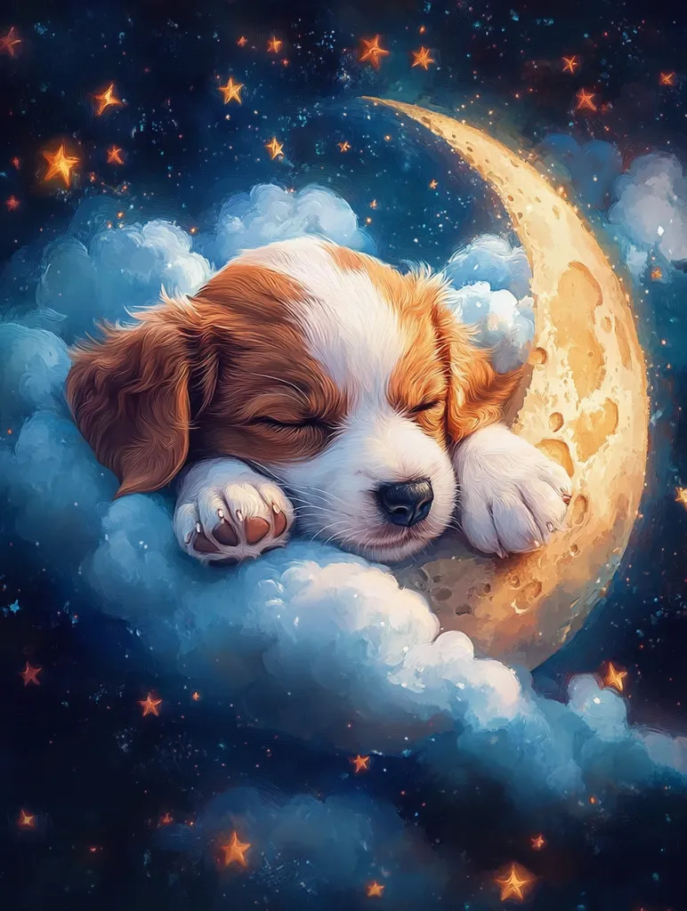A cute puppy is sleeping on a crescent moon, nestled in fluffy clouds against a backdrop of twinkling stars and a dark blue sky. The puppy's eyes are closed, and its paws are curled up in a peaceful slumber. The image evokes a sense of tranquility and the magic of dreams.