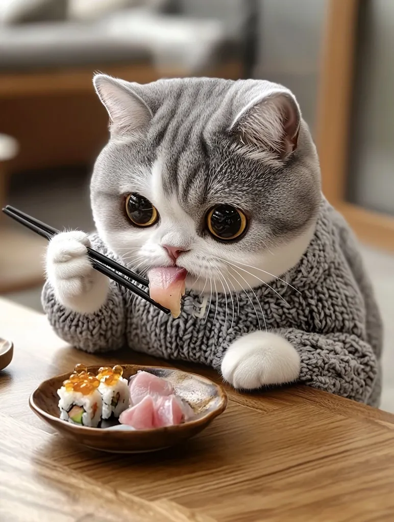 A grey and white cat, wearing a grey knitted sweater, is sitting at a table and eating sushi with chopsticks. The cat is looking at the sushi with big, round eyes and has a playful expression on its face. There are two pieces of sushi and a small bowl of sushi on the table in front of the cat. The cat's paw is resting on the table, and its tail is curled up behind it.