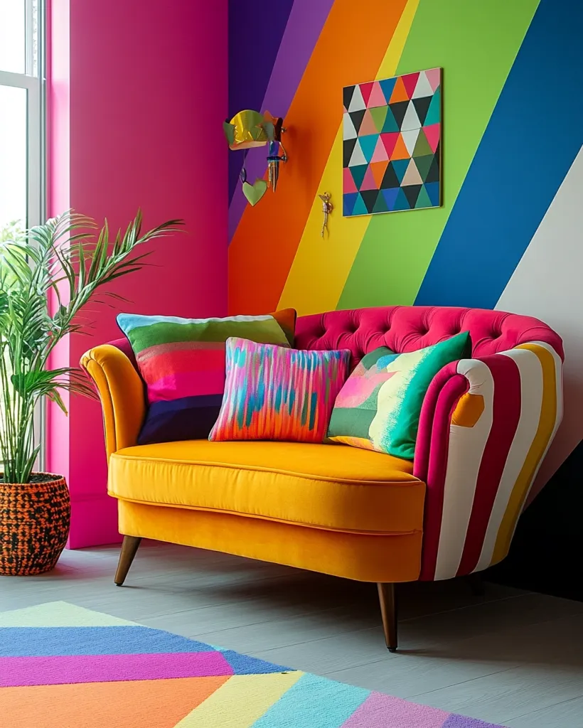 A bright and colorful room features a yellow velvet sofa with colorful throw pillows, set against a wall painted in a rainbow pattern. The sofa is positioned on a striped rug, with a potted plant and a window adding to the room's cheerful ambiance. The wall decoration adds a playful touch, creating a visually stimulating and inviting space.