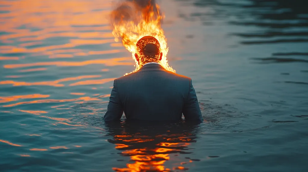 A man in a suit stands waist-deep in a body of water, his head engulfed in flames. The water is calm and reflective, with a soft orange glow reflecting off the surface. The man's expression is obscured by the fire, creating a sense of mystery and intrigue. The image is surreal and thought-provoking, suggesting a conflict between the rational and the chaotic.