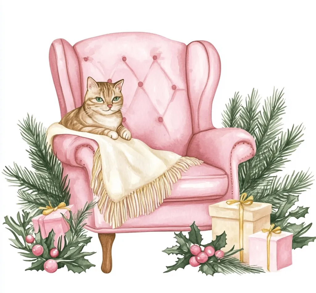 A watercolor illustration of a pink armchair with a cat sitting in it. The cat is looking at the viewer with a contented expression. The armchair is covered in a white blanket, and there are Christmas presents wrapped in gold and pink ribbon on the floor beside it. There are also sprigs of holly and pine needles surrounding the chair. The entire scene is set against a white background. The illustration is whimsical and charming.
