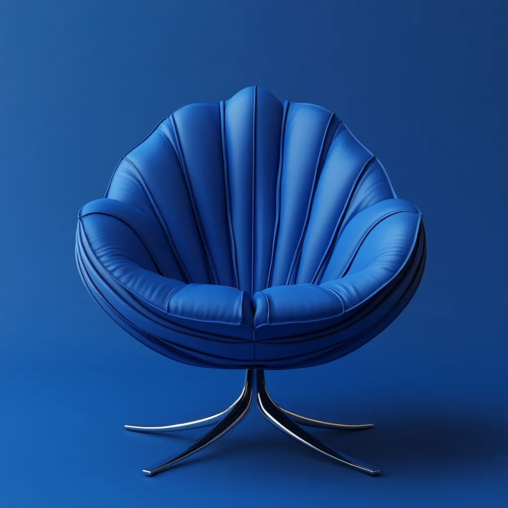 A blue, upholstered armchair shaped like a seashell with a chrome base sits on a blue background. The chair has a unique, organic design with its curved, pleated back and wide seat. The bright blue color of the chair and the background create a minimalist, modern look. The chrome base adds a touch of sophistication and contrast.