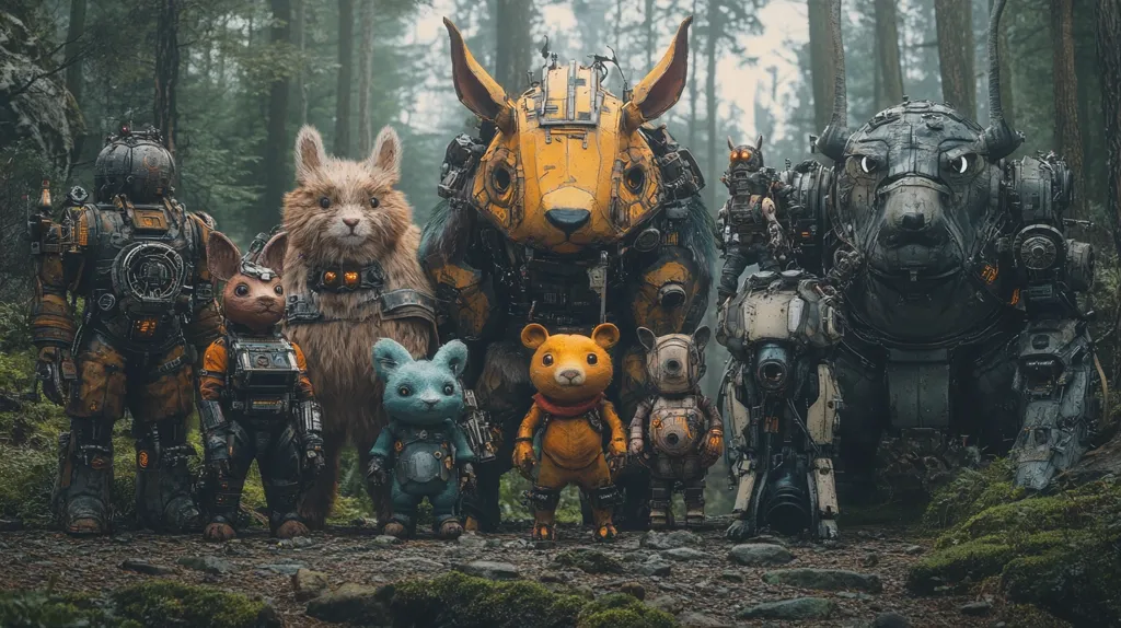 A group of anthropomorphic animal robots stand in a mossy forest.  They are all different species and are wearing futuristic armor. The largest robot is a gray, mechanical bull, while the others are smaller and more humanoid. The image evokes a sense of wonder and possibility.