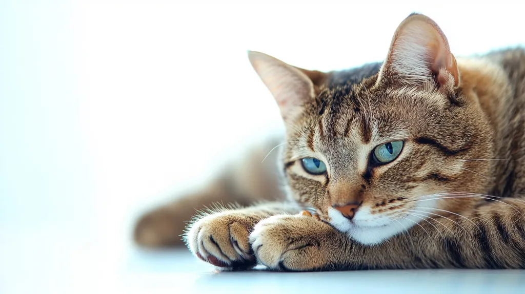 A tabby cat with piercing blue eyes lies on a white surface. Its fur is soft and fluffy. Its whiskers are long and its paws are tucked neatly underneath. The cat's expression is calm and serene. The light background creates a soft and airy atmosphere. The image focuses on the cat's face and its captivating gaze.