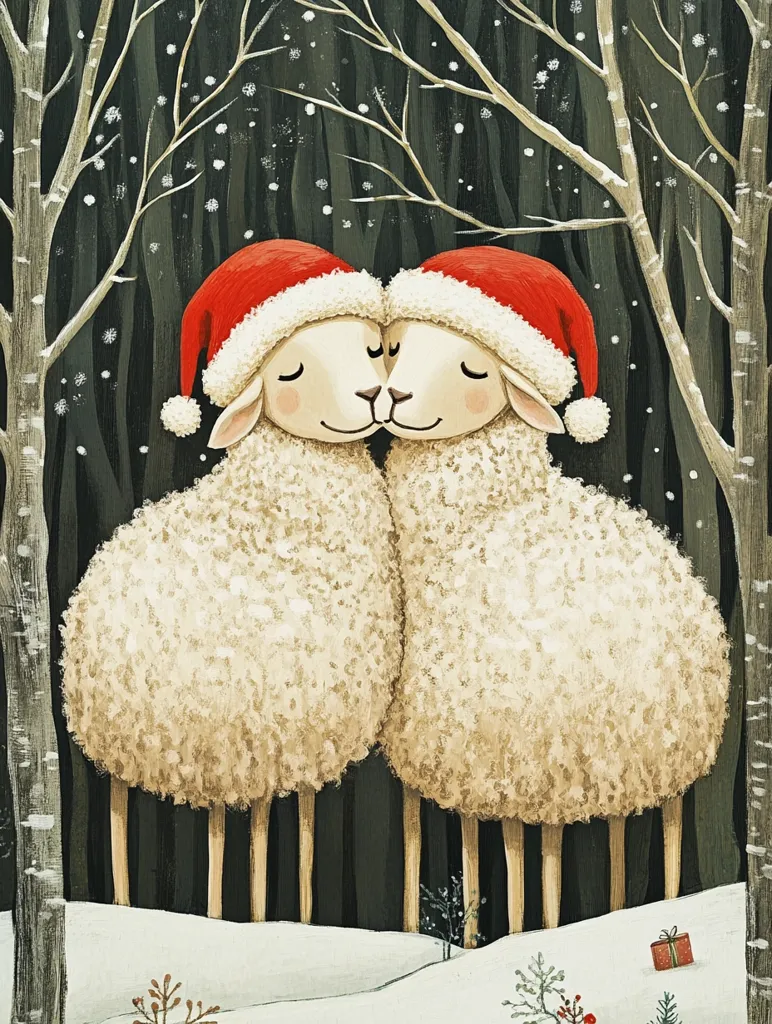 Two fluffy white sheep wearing red Santa hats are snuggled together in a snowy winter forest. The sheep are facing each other and appear to be kissing. The forest is depicted with bare trees and a dark green background. A small red gift box lies on the snow in the foreground. The image is painted in a whimsical style and evokes a sense of warmth and love during the holiday season.
