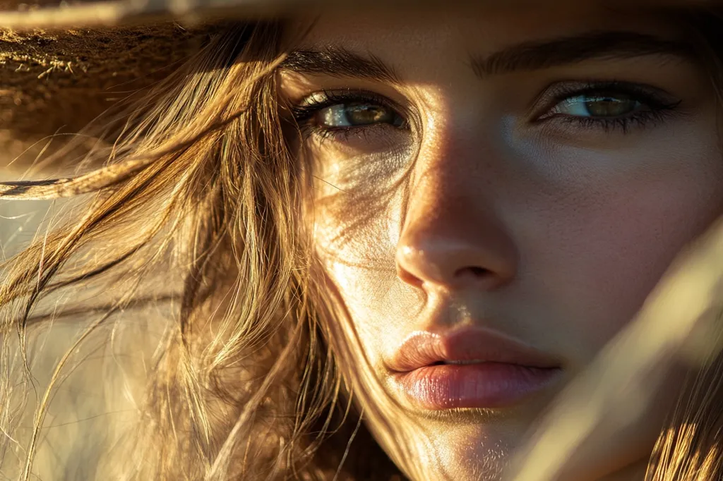 A close-up shot of a woman with long, flowing hair, wearing a wide-brimmed hat. The sun is shining brightly, illuminating her face and causing her hair to blow in the wind. Her eyes are looking off to the side and her expression is one of quiet contemplation. The image is warm and inviting, with a soft, golden glow.