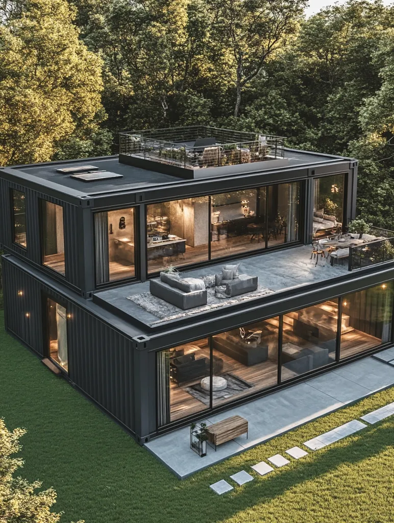 A modern two-story black home sits in a lush green forest. It has large windows and a rooftop patio with seating. The home is surrounded by green grass and trees, giving it a secluded and peaceful feel. The home has a minimalist design with clean lines and modern finishes. The large windows allow for plenty of natural light to flood the interior.