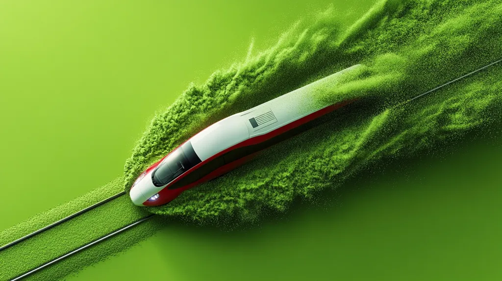 A white and red high-speed train travels on a track made of green powder, leaving a trail behind it. The train is moving fast, as seen by the blur of the green powder behind it. The background is a solid green, creating a minimalist and clean aesthetic. The image is a symbolic representation of speed, efficiency, and a sustainable future.