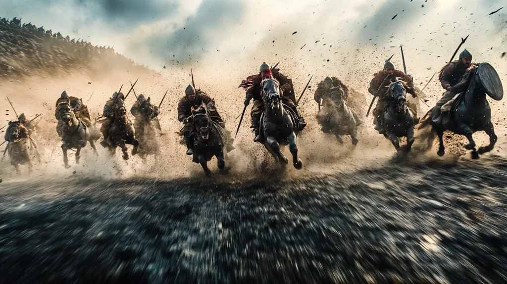 A group of medieval warriors on horseback charge across a dusty battlefield. The horses are in full gallop, their riders holding spears and shields. The scene is chaotic and dramatic, with a sense of urgency and danger.  The motion blur adds to the intensity of the image, making it seem as if the viewer is in the midst of the battle. The  powerful image captures the raw power of the charging warriors and the excitement of the battle.