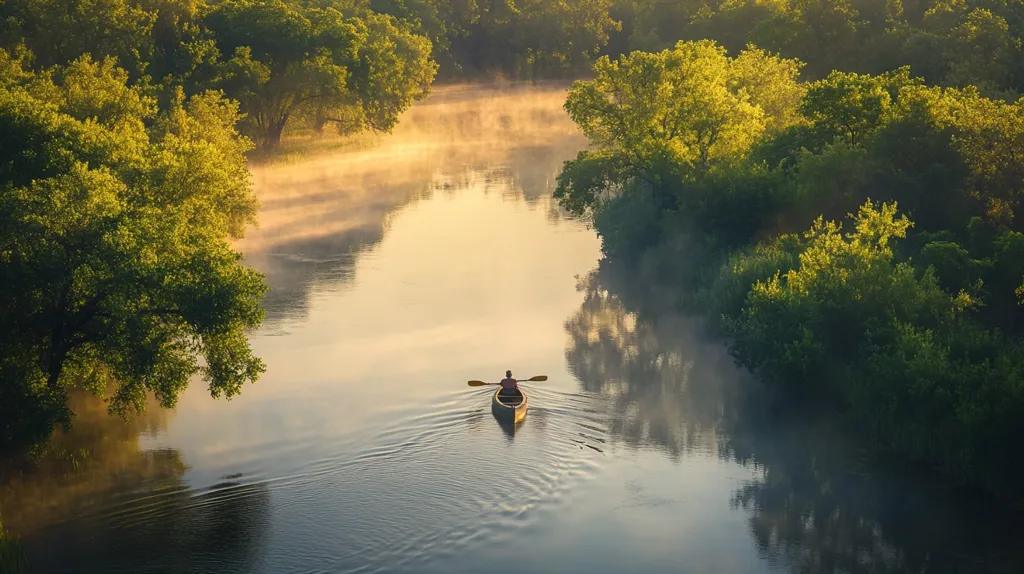 A lone canoeist paddles down a misty river, surrounded by lush greenery. The morning light casts a golden glow on the water, creating a serene and tranquil atmosphere. The trees along the riverbank frame the scene, adding a sense of depth and perspective. The image evokes a feeling of peace and solitude, inviting the viewer to imagine themselves on the water, enjoying the quiet beauty of nature.