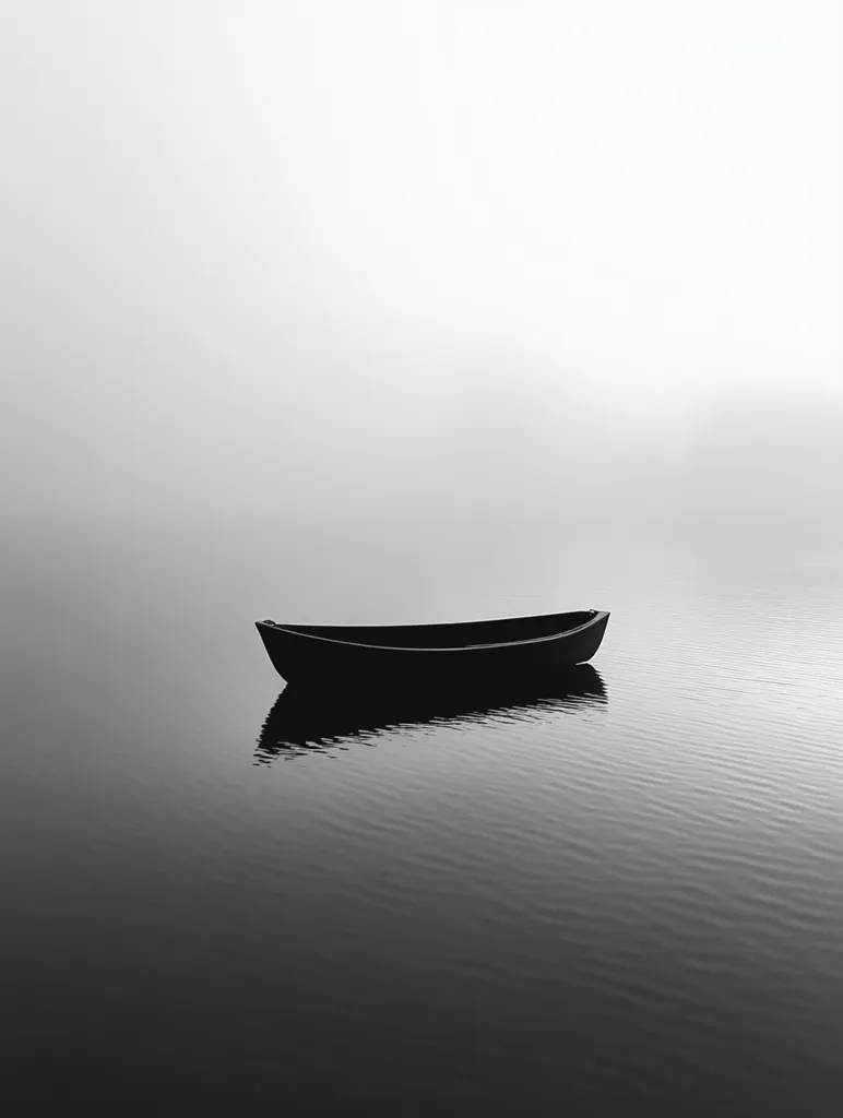 A lone, small rowboat sits still on a glassy lake, the water reflecting the overcast sky. The scene is minimalist and tranquil, with the boat's silhouette the only break in the vast expanse of water. The image evokes a sense of peace and solitude.