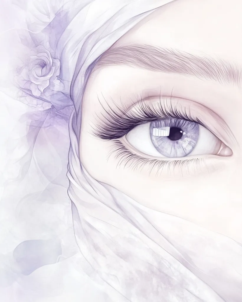 The image shows a close-up of a woman's eye, with a white fabric covering the rest of her face. The eye is drawn in a soft, ethereal style, with long lashes and a hint of a purple hue. The fabric is draped over her face in a delicate, flowing manner, with hints of soft pink and lavender in the background. The image evokes a sense of mystery and allure, highlighting the beauty and fragility of the human form.