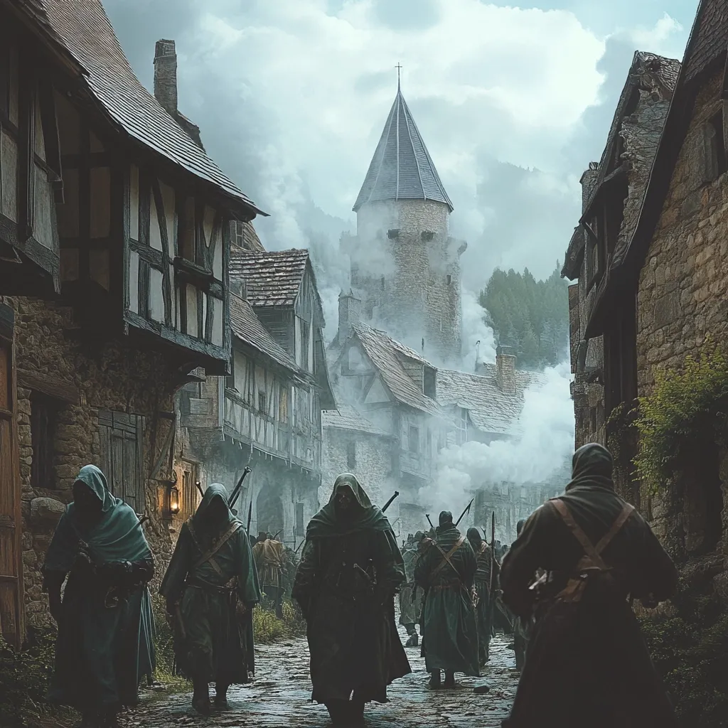 A group of hooded figures walk through a medieval town shrouded in mist. The buildings are made of stone and wood, with a tall tower dominating the skyline. The air is thick with smoke and the atmosphere is ominous. The hooded figures appear to be on a mission, their faces obscured by the shadows of their hoods. The image evokes a sense of mystery and intrigue, as if something sinister is about to unfold.