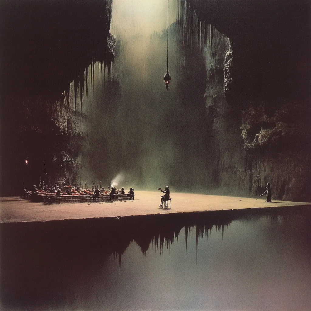 A surreal landscape featuring two towering cliffs flanking a narrow, flat plateau. The plateau is partially submerged in water, creating a reflection of the scene.  A single figure sits on a chair on the plateau, while others gather around a table in the distance. A lone figure stands near the edge of the plateau, and a hanging lantern illuminates the scene.  The atmosphere is mysterious and dreamlike, with a soft, muted light.  The overall effect is eerie and unsettling, suggesting a world both beautiful and dangerous.