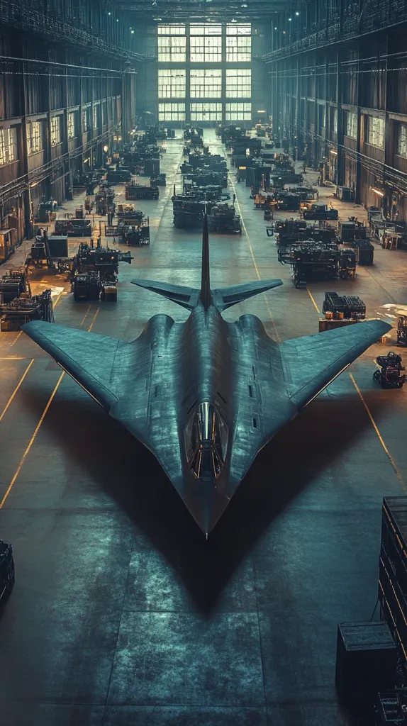 A sleek, black stealth fighter jet sits in the center of a large, industrial hangar. The jet is pointed towards the camera, with its wings spread wide. The hangar is dimly lit, with large windows in the back. The floor is concrete, and there are several pieces of equipment scattered around.