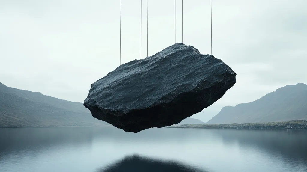 A large, dark rock hangs suspended by thin strings above a tranquil lake. The rock casts a shadow on the water, while the surrounding mountains are shrouded in a soft mist. The image is stark and minimalist, suggesting a sense of weightlessness and the fragility of nature.
