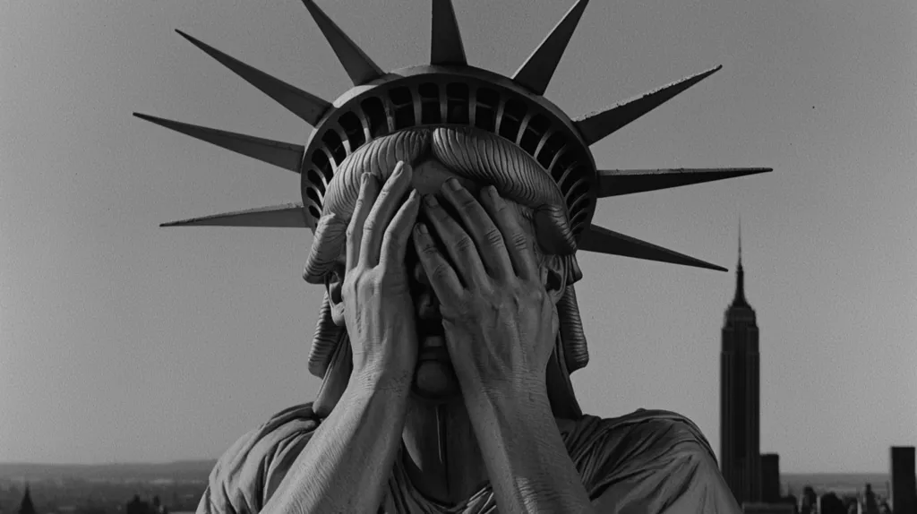 The Statue of Liberty stands with her hands over her face, a gesture of despair or shame. The Empire State Building is visible in the background, suggesting a backdrop of urban America. The image is in black and white, which adds to the sense of gloom and hopelessness. The image is likely meant to symbolize the state of America at a particular time.