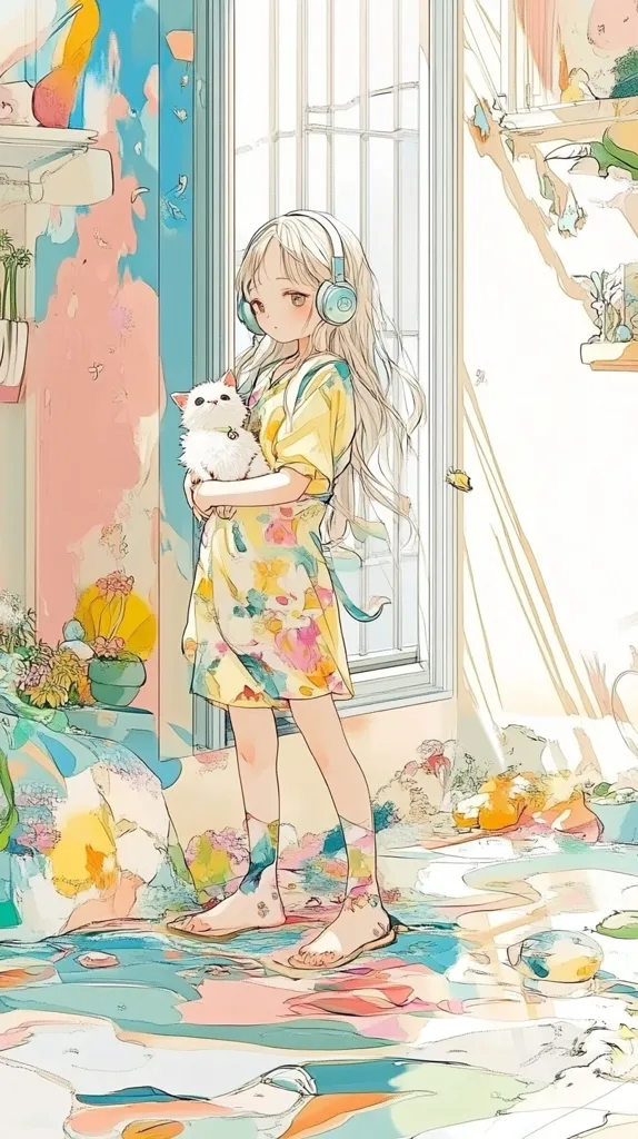A young girl with long blonde hair, wearing a yellow dress and headphones, is holding a white kitten. The image is rendered in a soft, colorful style, with a bright and cheerful atmosphere. The girl is standing on a patterned floor, and the background features a window with a view of the outside. The overall impression is one of innocence and joy.