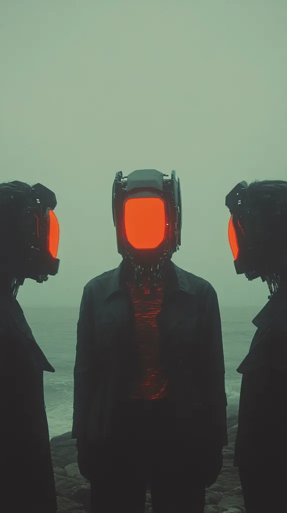 Three figures, clad in dark clothing and helmets with glowing red panels, stand silhouetted against a misty, green-tinged background. The figures' faces are obscured by their helmets, creating an air of mystery and intrigue. The scene evokes a sense of isolation and the unknown.