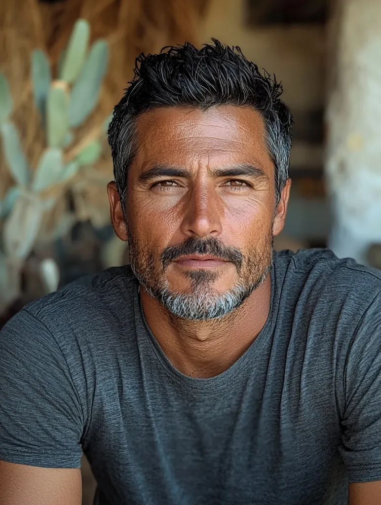 A man with short, dark hair streaked with grey, sits looking directly at the camera. He has a full beard and goatee with grey hairs throughout. He is wearing a grey t-shirt. The background is out of focus and appears to be a rustic, wooden wall.  His expression is serious and thoughtful.