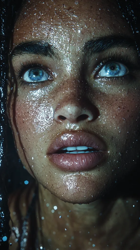 A close-up shot of a woman's face, wet with water droplets. Her eyes are wide open, with a hint of fear in their gaze. Her lips are parted, revealing her teeth, as if she's about to speak. The image is captured in a dark and moody setting, with the light reflecting off the water on her skin.  The focus is on the woman's emotional state, conveying a sense of vulnerability and anxiety.
