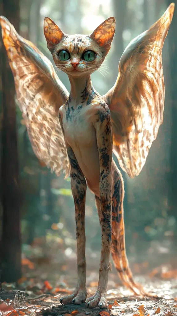 A winged cat with green eyes stands in a forest. The cat has long legs and a lean body, with feathers on its wings. The cat is looking directly at the viewer with a curious expression.  The forest floor is covered in fallen leaves.