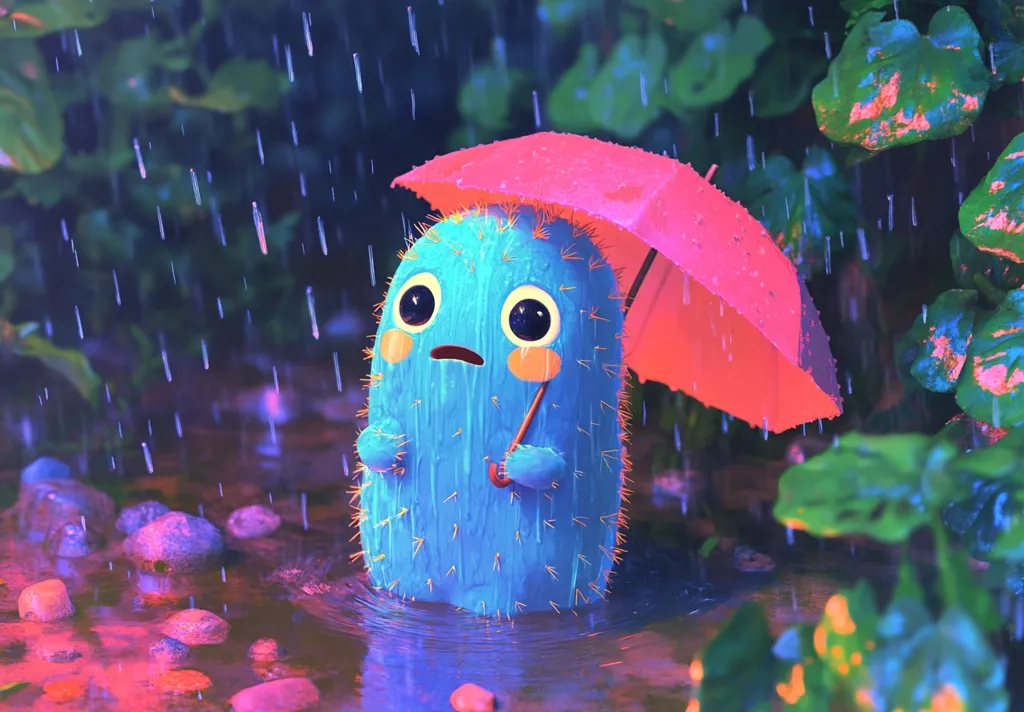 A blue cactus with a sad face and big eyes stands in a puddle, holding a pink umbrella. The cactus has orange cheeks and is surrounded by green foliage. Raindrops fall from the sky, creating a whimsical and somewhat melancholic atmosphere. The scene is illuminated with a soft, pink light.