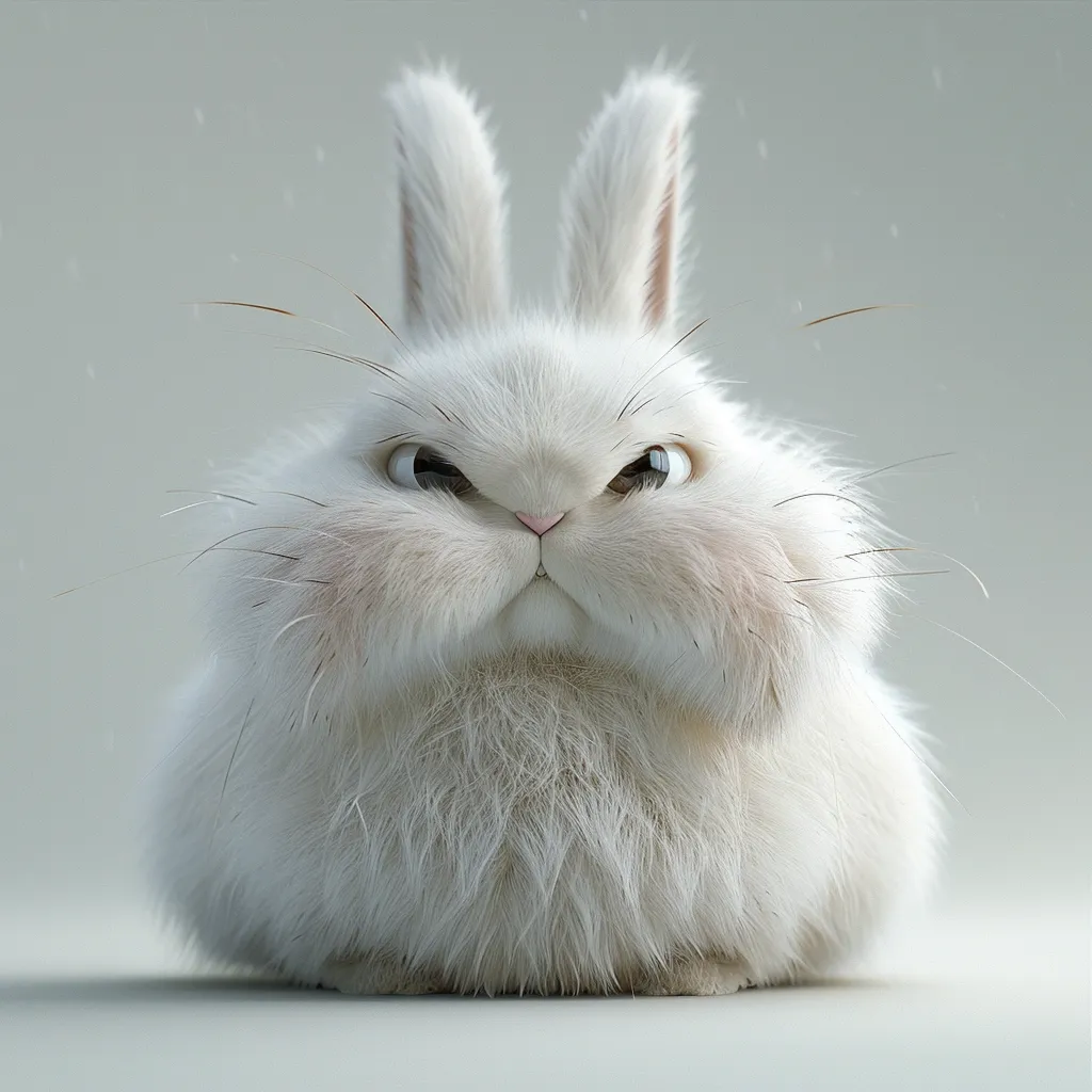 A fluffy white rabbit with long whiskers stares intensely at the camera with a grumpy expression. Its small pink nose and large, dark eyes add to its comical appearance. The rabbit's thick fur and rounded body make it appear particularly cuddly, despite its menacing look.  The background is a simple white, making the rabbit the focus of the image.  The image is playful and whimsical, capturing the personality of a pet rabbit in a humorous way.