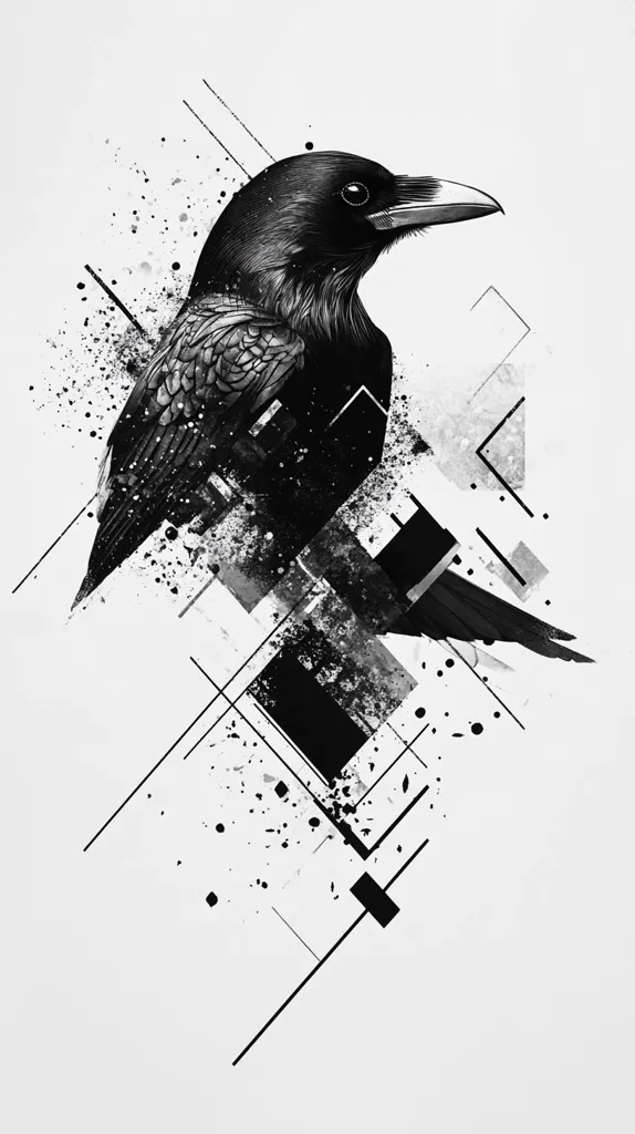 A black and white illustration of a crow perched on a geometric design. The crow is facing the right side of the image with its beak slightly open. The geometric design is made up of black lines and shapes, with a splattered ink effect.  The overall effect is of a dark and moody scene.  The image is simple yet impactful, and the contrast between the black and white colors is striking.  The geometric shapes add an element of structure to the image, while the splattered ink adds a touch of randomness and chaos.  The crow is a symbol of mystery and intelligence, and its presence adds a sense of intrigue to the image.