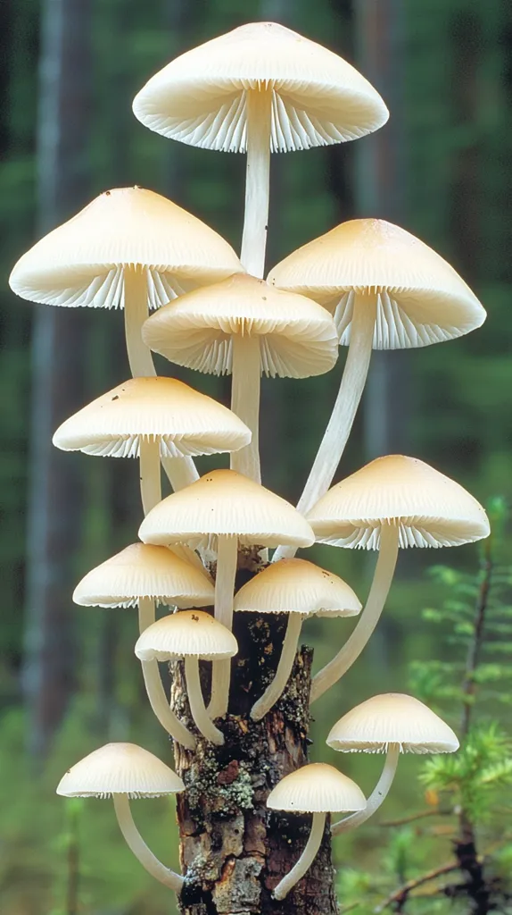 A cluster of white mushrooms grow out of a mossy tree stump in a forest.  They are different sizes, with the largest being the topmost mushroom. The forest background is green and blurry, and the mushrooms are in sharp focus.  There are 12 visible mushrooms, with the rest of the cluster obscured.