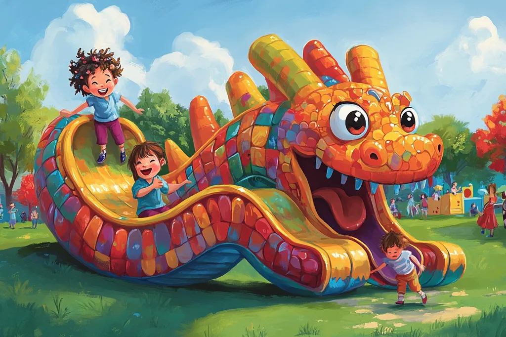 A brightly colored, dragon-shaped slide sits on a grassy playground. Three children play on the slide, one going down, another at the top, and another emerging from the dragon's mouth. Other children can be seen in the background, suggesting a fun, vibrant scene at the park.