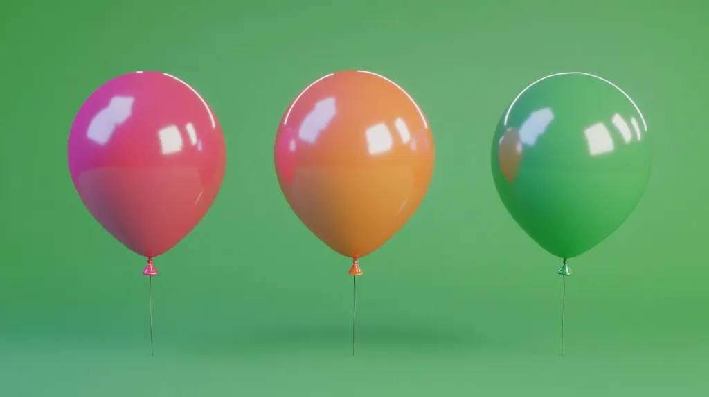 Three brightly colored balloons, pink, orange, and green, are floating against a solid green background. The balloons have a glossy finish, and they appear to be full of helium. They are all tied with a string, which extends down towards the bottom of the frame.  Each balloon is slightly off-center, creating a visually pleasing composition.