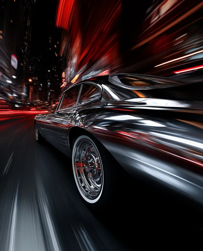 A sleek, silver classic car speeds through a city at night. The motion blur of the car and city lights creates a sense of speed and energy. The car's chrome wheels and sleek lines are highlighted in the nighttime setting. The red and white lights in the background add to the dynamic feeling of the image.  The  photo is a dynamic representation of automotive power and urban energy.