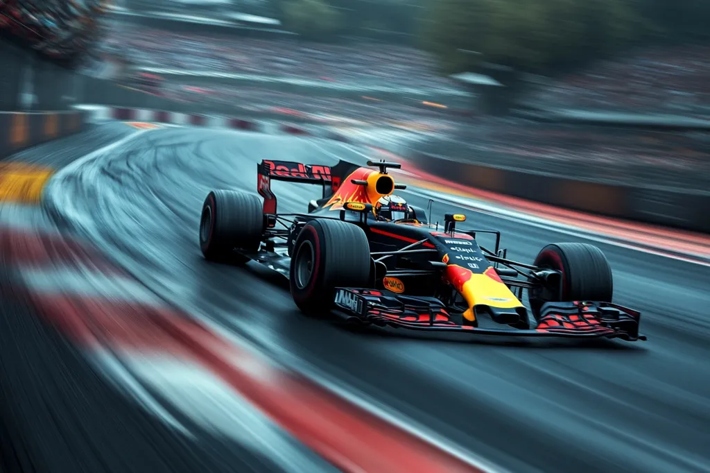 A red and yellow Formula One race car, with the number 33 on its side, speeds around a bend on a racetrack. The blur of the car and the track suggests high speed, with a crowd of spectators visible in the background, creating an exciting atmosphere.